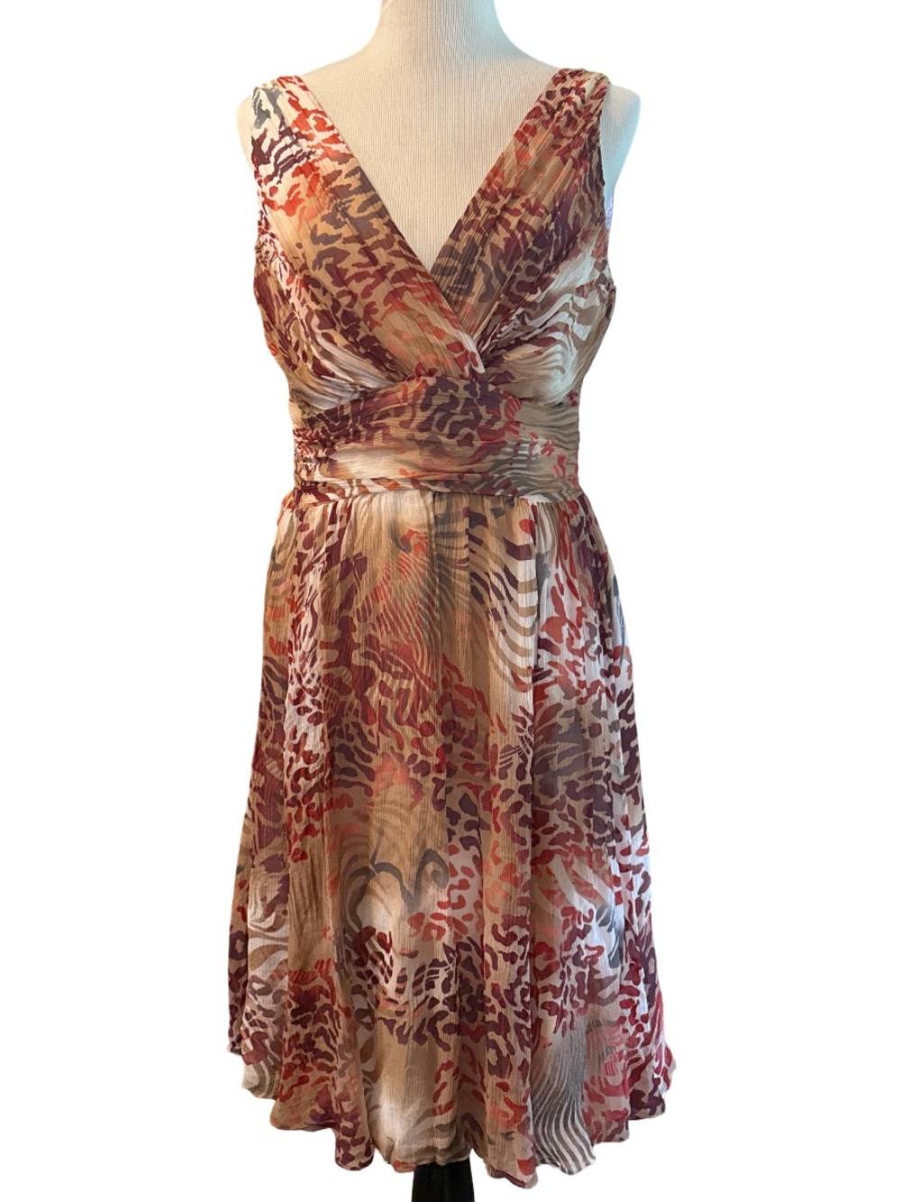 Spiegel Sleeveless V-Neck Midi Dress in Beige, Rust, Brown   100% silk size 12